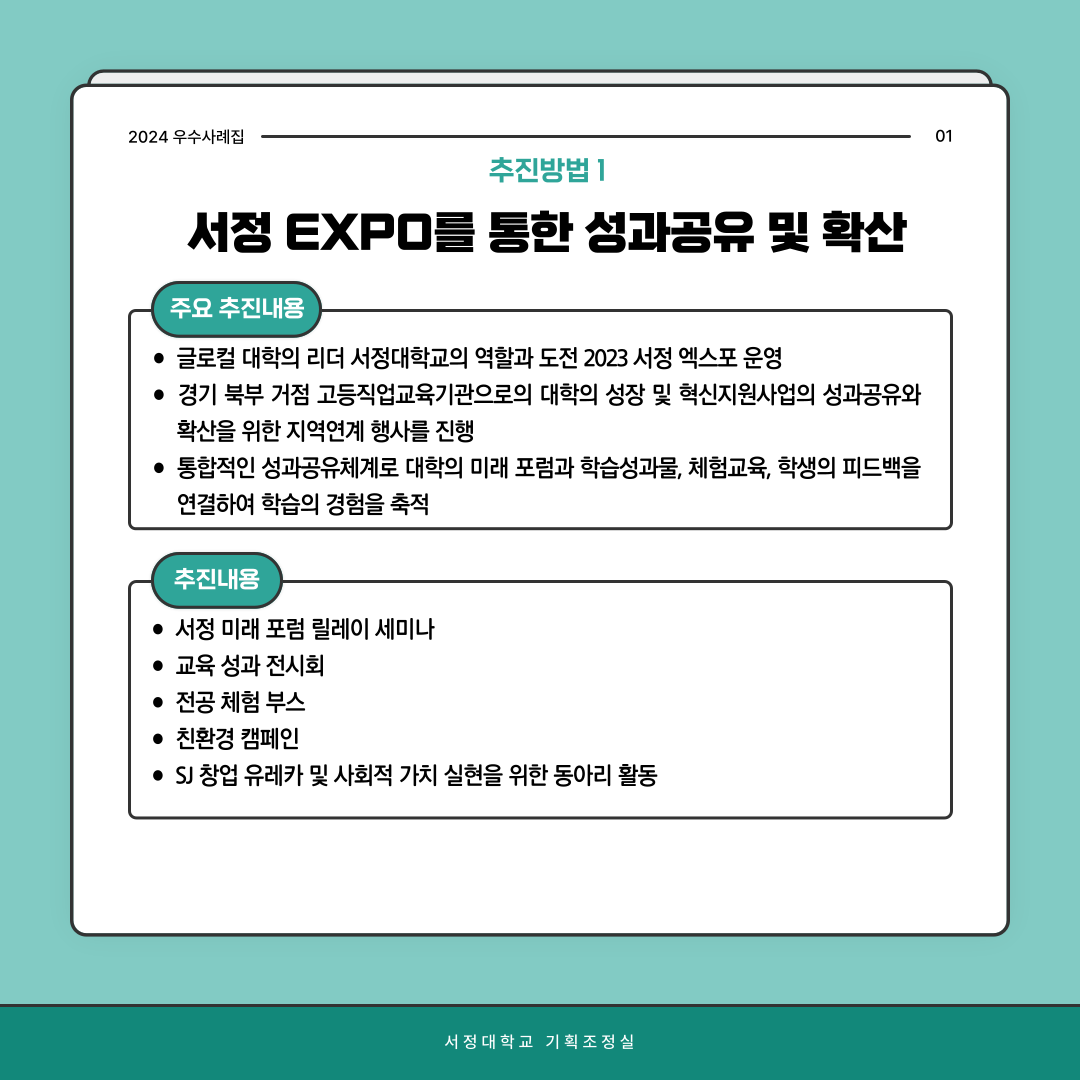 2024우수사례집 01 추진방법 1  서정 EXPO를 통한 성과공유 및 확산  ○주요 추진 내용 ●글로컬 대학의 리더 서정대학교의 역할과 도전 2023 서정 엑스포 운영 ●경기 북부 거점 고등직업교육기관으로의 대학의 성장 및 혁신지원사업의 성과공유와 확산을 위한 지역연계 행사를 진행 ●통합적인 성과공유체계로 대학의 미래 포럼과 학습성과물, 체험교육, 학생의 피드백을 연결하여 학습의 경험을 축적  추진내용 ●서정 미래 포럼 릴레이 세미나 ●교육 성과 전시회 ● 전공체험부스 ● 친환경 캠페인 ● SJ창업 유레카 및 사회적 가치 실현을 위한 동아리 활동 서정대학교 기획조정실 