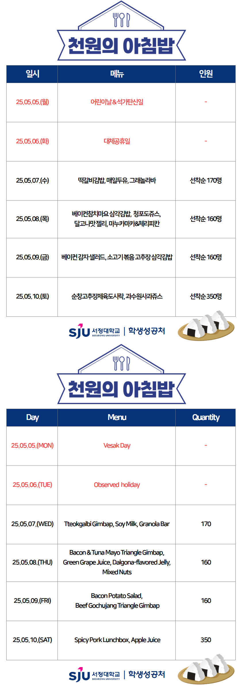 05.05.(월) 어린이날, 석가탄신일, 05.06(화) 대체공휴일, 05.07.(수) 떡갈비김밥, 매일두유, 그래놀라바 선착순170명 05.08.(목) 베이컨참치마요 삼각김밥 청포도쥬스, 달고나맛젤리, 마누카마카&체리피칸 선착순 160명 05.09.(금) 베이컨 감자 샐러드, 소고기볶음고추장 삼각김밥, 선착순 160명, 05.10.(토) 순창고추장제육도시락, 과수원사과쥬스 선착순 350명