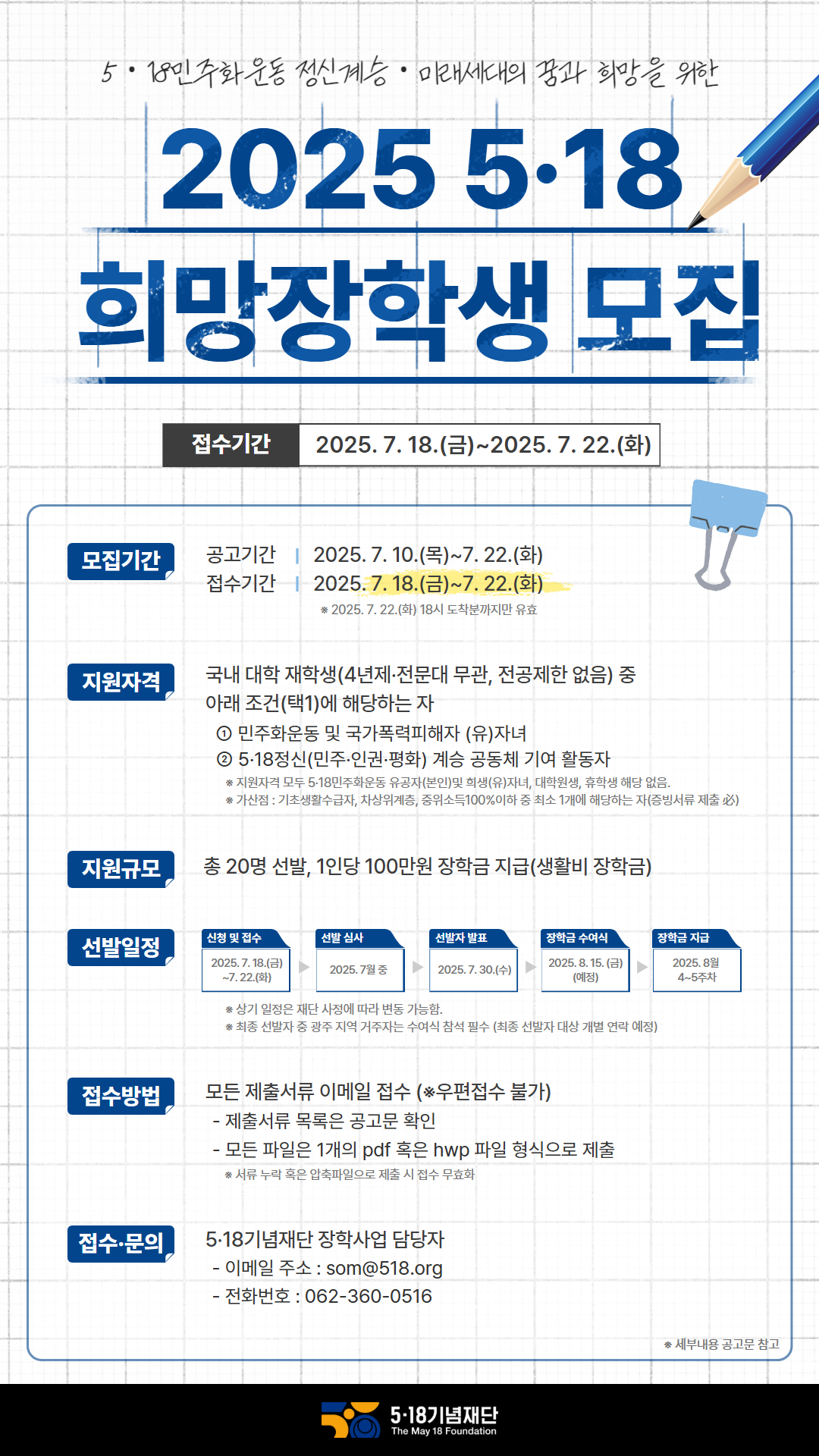   <2025학년도 5·18희망장학생 모집공고 (~7/22)>    □ 모집대상  ○  민주화운동 및 국가폭력피해자 (유)자녀  ○ 5·18정신(민주·인권·평화)등 계승 공동체 기여 활동자  ※ 자세한 내용은 재단 홈페이지 참조(https://518,org)    □ 접수기한 : 2025. 07. 18.(금) ~ 07. 22.(화) 18시 까지    □ 지원규모 : 20명 선발, 대학생 1인 100만원 지원    □ 제출서류 : [붙임1] 작성  ※ 모든 서류 파일은 1개의 PDF또는 HWP파일 형식으로 제출  ※ 자세한 내용은 [붙임2] 2025학년도 5·18희망장학생 모집 공고문 참조  ​  □ 접수방법 : 메일 제출 (som@518,org)    □ 문의   ○ 메일 : som@518.org  ○ 5·18기념재단 장학사업 담당자 : 062-360-0516
