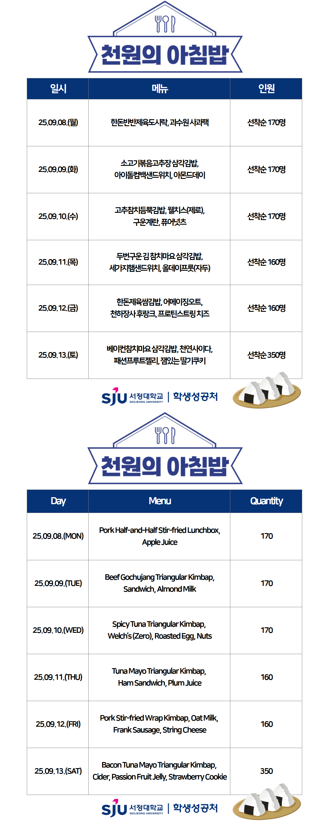 09.08.(월) 한도반반제육도시락, 과수원사과팩 선착순 170명, 09.09.(화) 소고기볶음고추장삼각김밥, 아이돌컴백샌드위치, 아몬드데이 선착순 170명, 09.10.(수) 고추참치듬뿍김밥, 웰치스(제로), 구운계란, 퓨어넛츠, 선착순 170명, 09.11.(목) 두번구운 김 참치마요 삼각김밥, 세가지햄샌드위치, 올데이프룻(자두) 선착순 160명, 09.12.(금) 한돈제육쌈김밥, 어메이징오트, 천하장사후랑크, 프로틴스트링치즈, 선착순 160명, 09.13.(토) 베이컨참치마요 삼각김밥, 천연사이다, 패션프루트젤리, 잼있는 딸기쿠키 선착순 350명