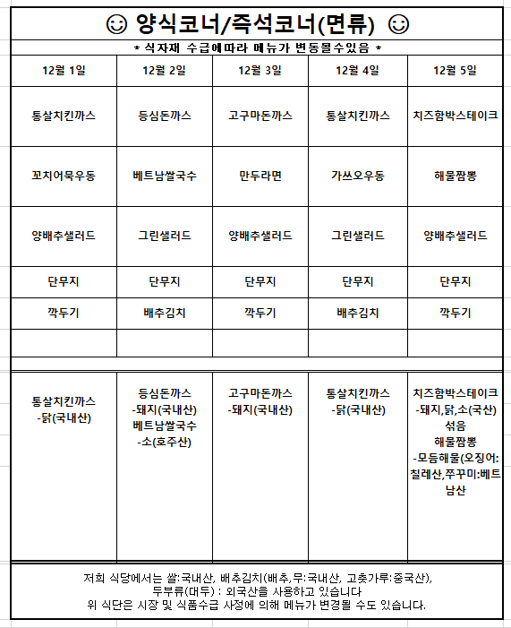 12월1일(월) 통살치킨까스 꼬치어묵우동 양배추샐러드 단무지 깍두기  원산지는 통살치킨까스-닭(국내산)   12월2일(화) 등심돈까스 베트남쌀국수 그린샐러드 단무지 배추김치  원산지는 등심돈까스-돼지(국내산) 베트남쌀국수-소(호주산)  12월3일(수) 고구마돈까스 만두라면 양배추샐러드 단무지 깍두기  원산지는 고구마돈까스-돼지(국내산)  12월4일(목) 통살치킨까스 가쓰오우동 그린샐러드 단무지 배추김치   원산지는 통살치킨까스-닭(국내산)  12월5일(금) 치즈함박스테이크 해물짬뽕 양배추샐러드 단무지 깍두기  원산지는 치즈함박스테이크-돼지,닭,소(국산)섞음 해물짬뽕-모듬해물(오징어:칠레산,쭈꾸미:베트남산)