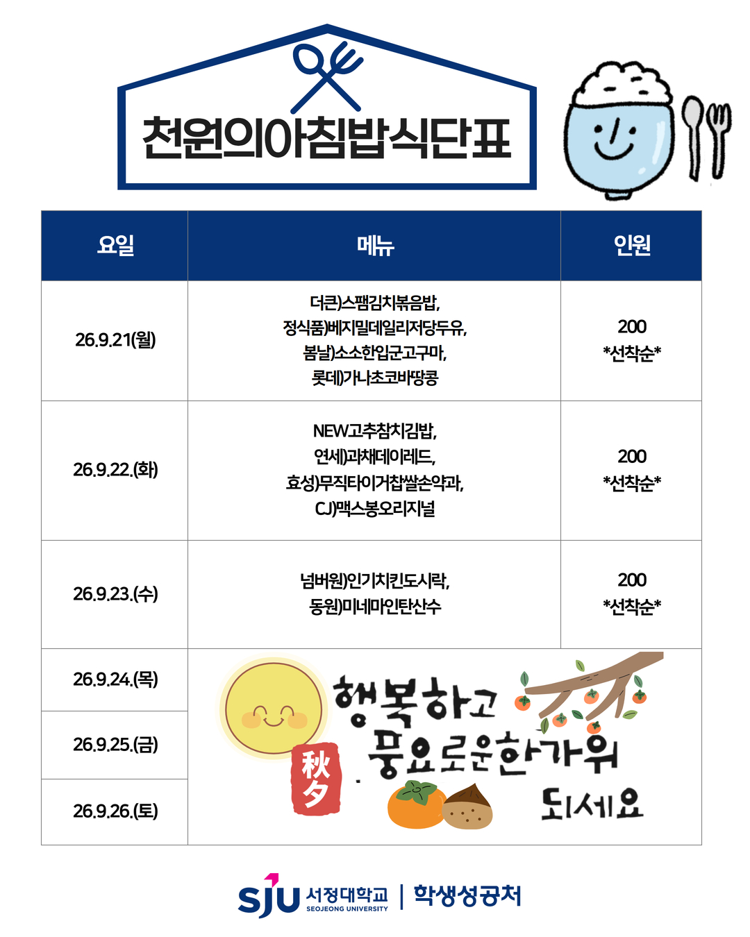 9.21(월)  더큰)스팸김치볶음밥	 정식품)베지밀데일리저당두유	 봄날)소소한입군고구마	 롯데)가나초코바땅콩<br><br>9.22(화)<br>NEW고추참치김밥	 연세)과채데이레드	 효성)무직타이거찹쌀손약과	 CJ)맥스봉오리지널<br><br>9.23(수)	 넘버원)인기치킨도시락 동원)미네마인탄산수